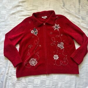 Alia Red Knit Vintage Festive Christmas Sweater Snowflakes and Beaded Detail